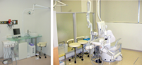 ■歯科治療室大掛かりな治療機器は必要最低限にしているという歯科クリニックの一般治療スペース。やわらかな色調で統一され、恐怖心も薄れる感じ。(写真上) ベッドやストレッチャーのままでも治療が可能な診療台。(写真左)